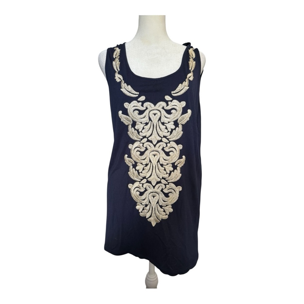 INC International Concepts Navy Tunic with Gold Scroll Embroidery Size 2X